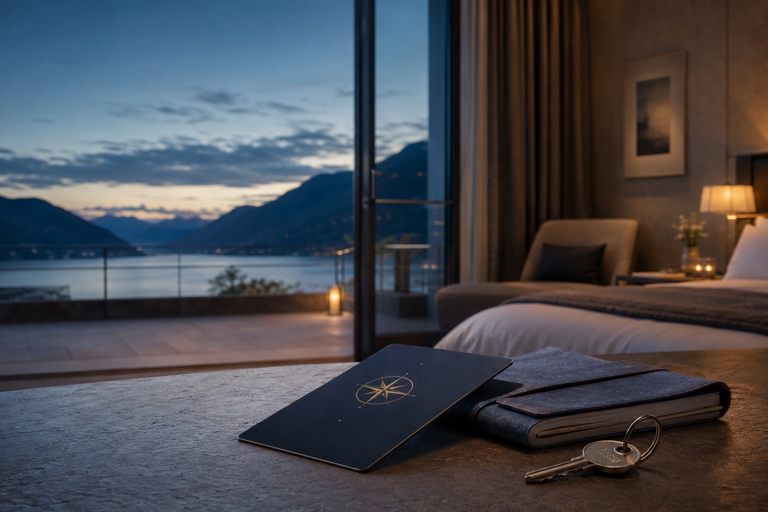 KI-erzeugtes Hotelzimmer mit Seeblick und Schlüsselkarte auf dem Tisch als Sinnbild für einen Hotelstatus