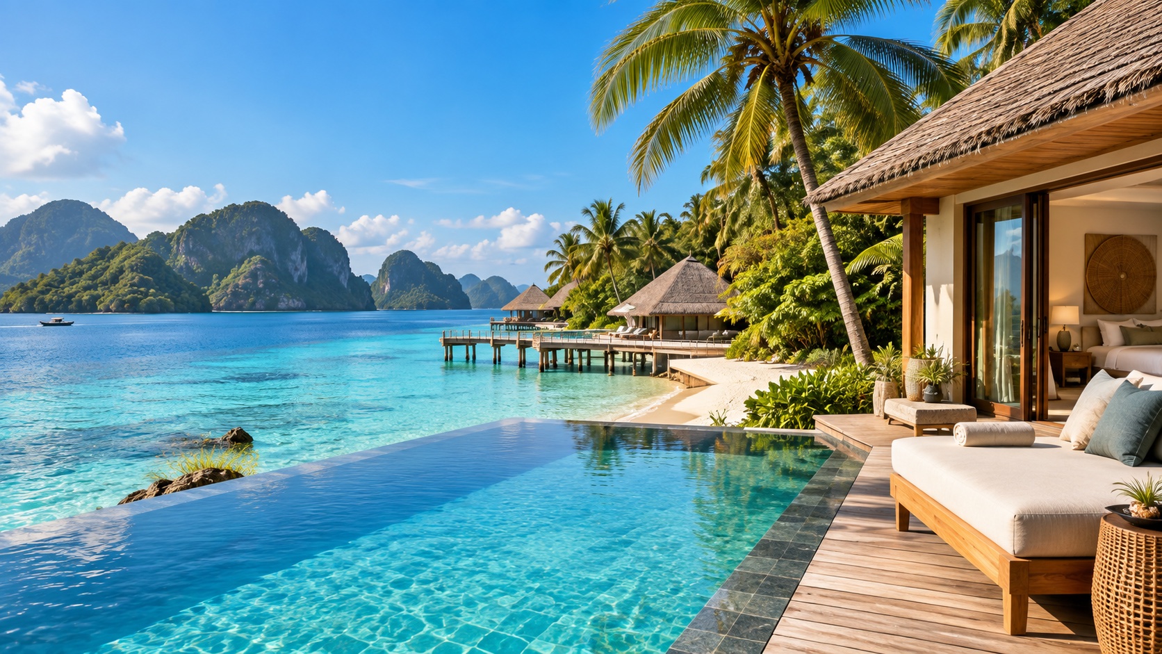 KI-erzeugtes tropisches Resorthotel mit Infinity-Pool als Symbol für einen Hotelstatus