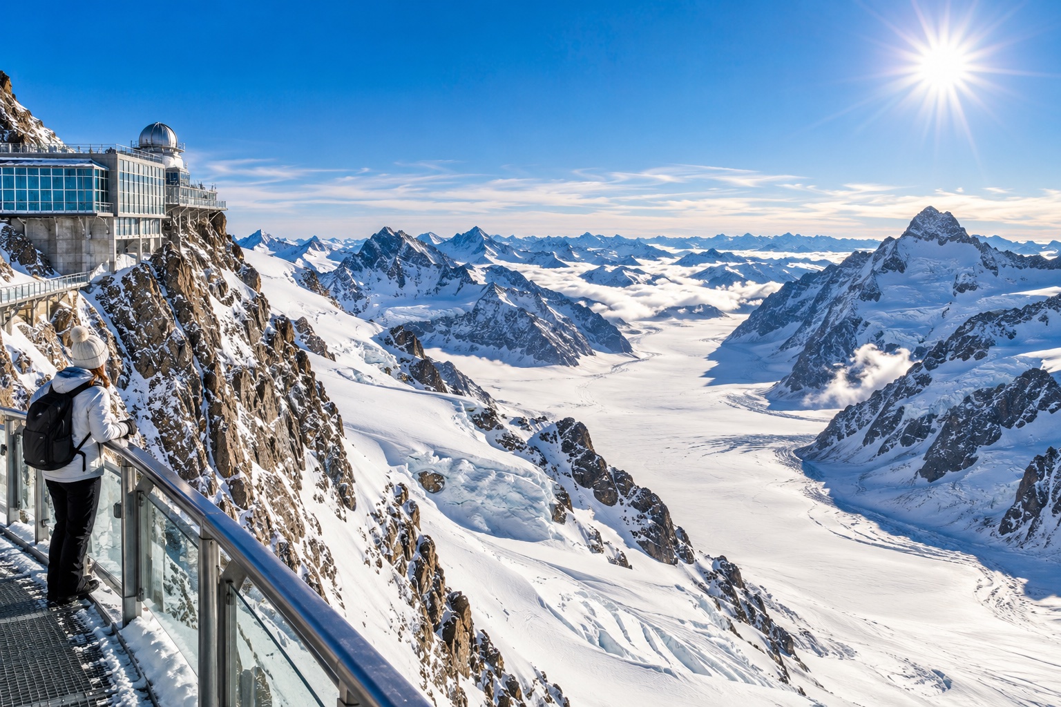 KI-erzeugtes Gletscherpanorama mit alpiner Aussichtsplattform