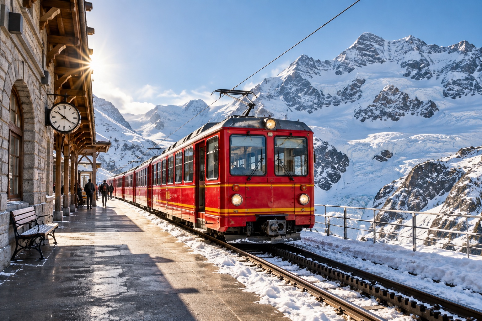 KI-erzeugter roter Bergbahnzug an einem verschneiten Gletscherbahnhof