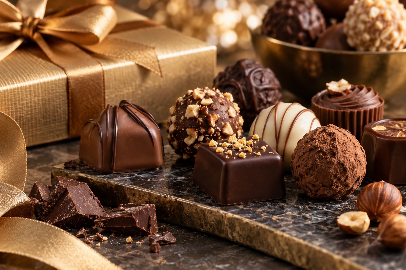 KI-erzeugte Detailansicht verschiedener Premium-Pralinen