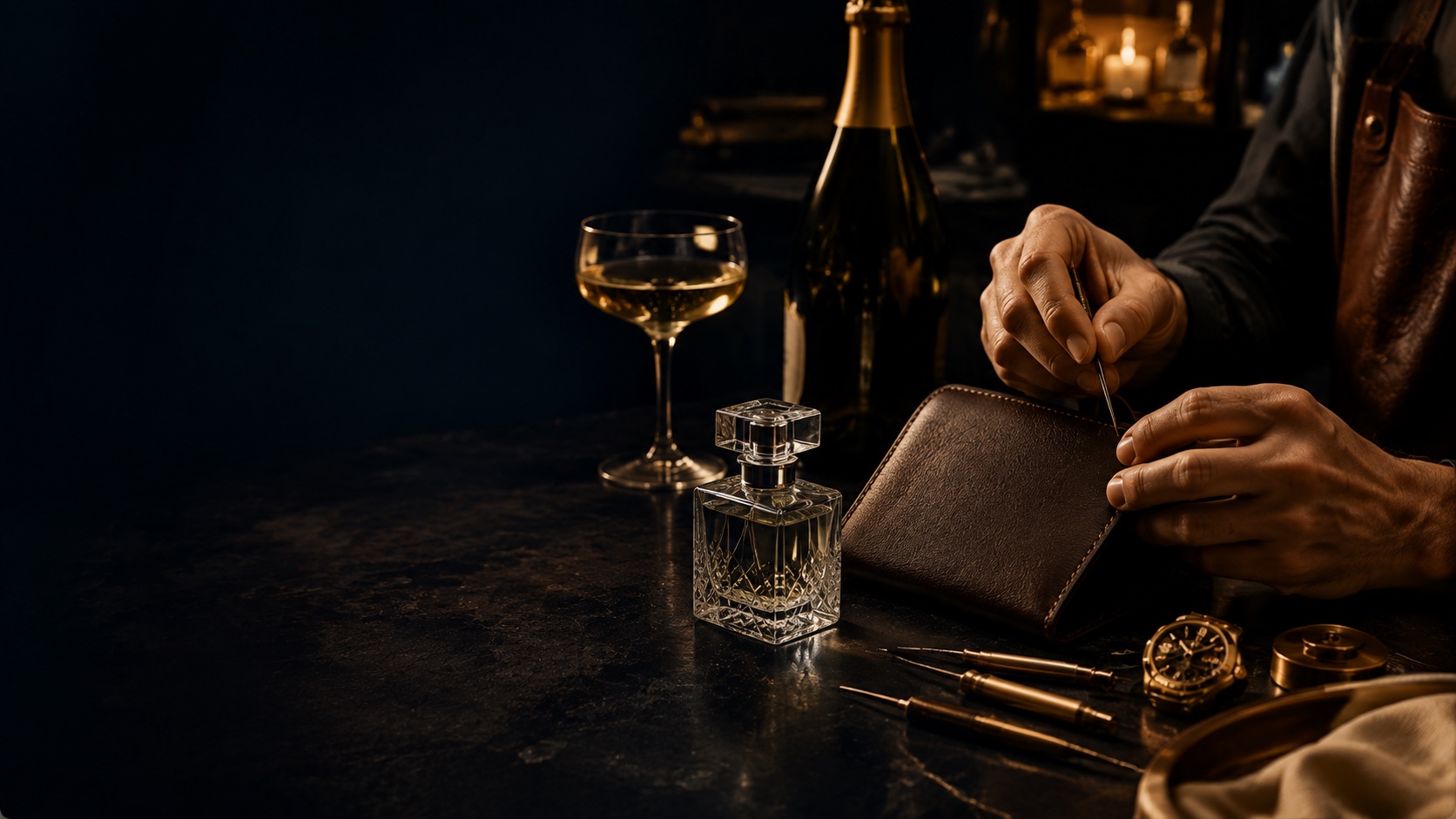 KI-erzeugte Szene mit Champagnerglas, Lederarbeit und Uhrmacherwerkzeug als Sinnbild für die Maisons des Konzerns