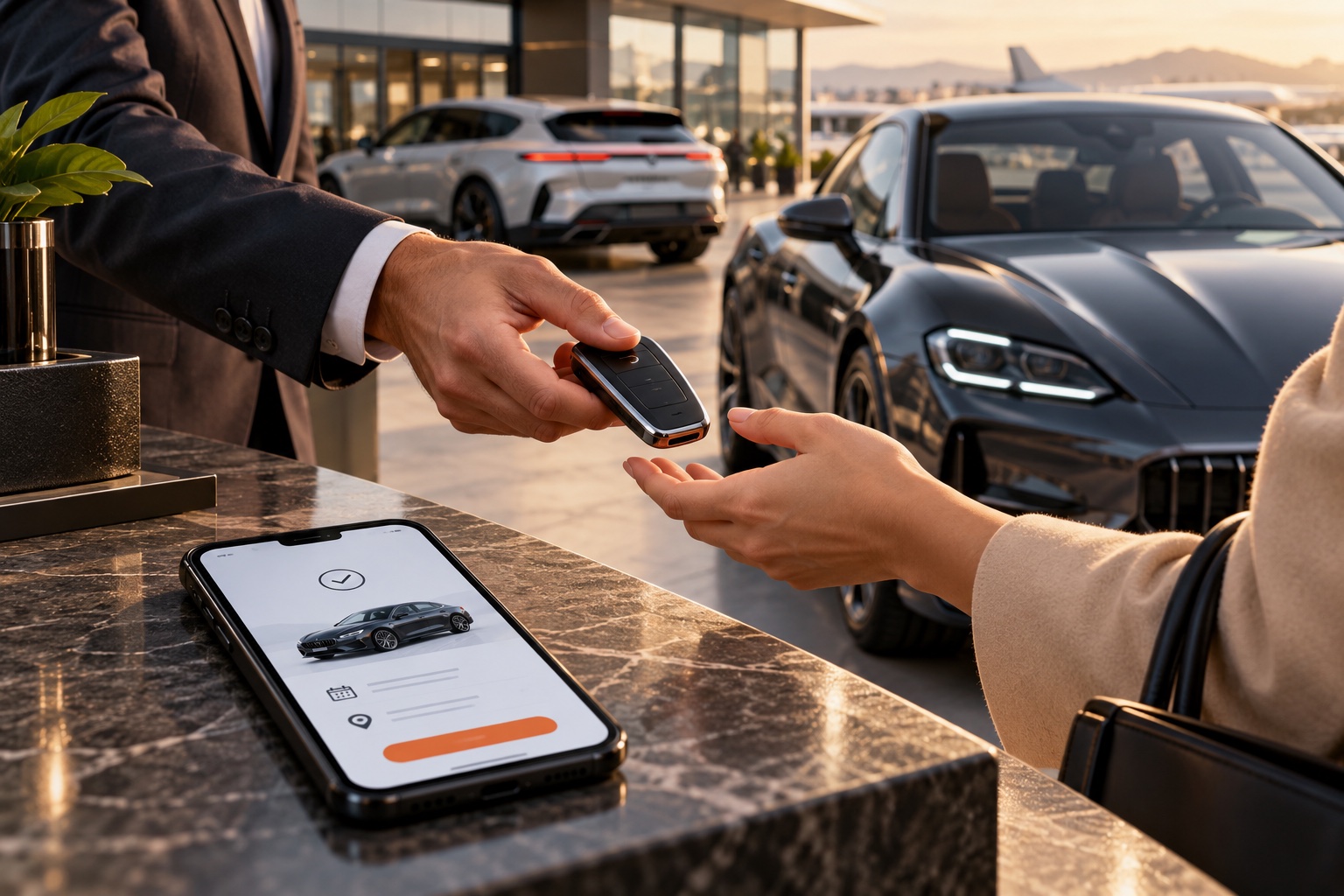 KI-erzeugte Schlüsselübergabe mit Smartphone und Mietwagen bei Sonnenaufgang