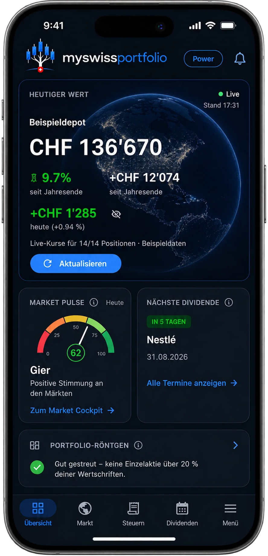 Die Anwendung auf einem Telefon: Übersicht eines Beispieldepots mit Gesamtwert, Marktstimmung, nächster Dividende und dem Hinweis, dass keine Einzelaktie über 20 Prozent liegt.