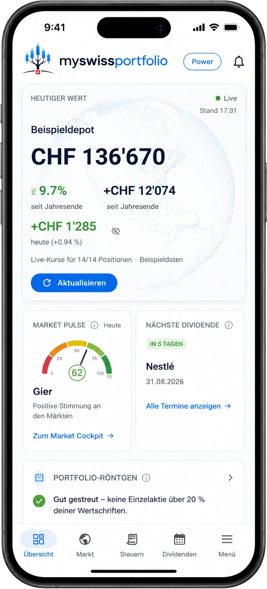 Die Anwendung auf einem Telefon: Übersicht eines Beispieldepots mit Gesamtwert, Marktstimmung, nächster Dividende und dem Hinweis, dass keine Einzelaktie über 20 Prozent liegt.